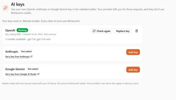 The AI keys page with an OpenAI key marked Working, its last four characters, when it was checked, and two models; Anthropic and Google Gemini show Not added with Add key buttons