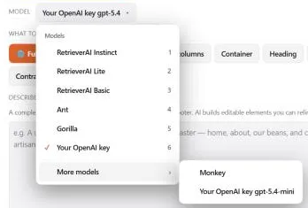 The model picker in RetrieverAI Create: the RetrieverAI models, Your OpenAI key selected, and More models open with another model on the same key