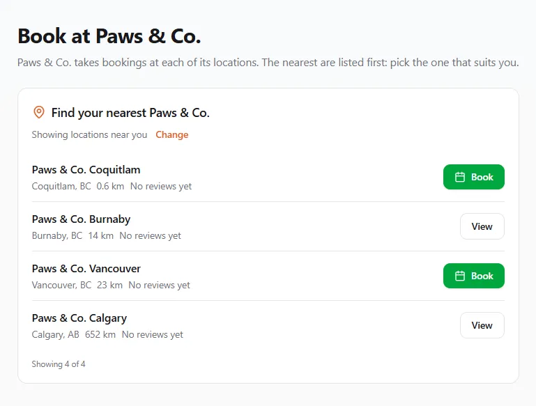 The Book at Paws & Co. page: "Find your nearest Paws & Co." showing locations near you, nearest first — Paws & Co. Coquitlam 0.6 km and Paws & Co. Vancouver 23 km with green Book buttons, Burnaby 14 km and Calgary 652 km with View buttons