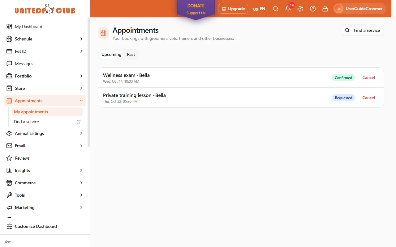 Appointments → My appointments with the Appointments section open in the menu (My appointments, Find a service): the Find a service button, the Upcoming and Past tabs, and two upcoming bookings (a Wellness exam, Confirmed, and a Private training lesson, Requested), each with a Cancel button. Shown here for a groomer's business profile; a personal profile's page looks the same