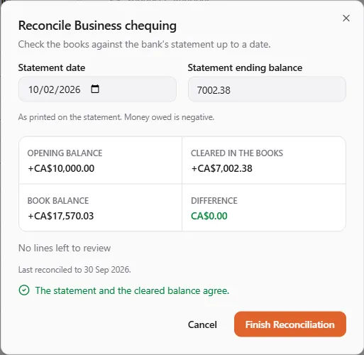 The Reconcile Business chequing dialog for a statement dated 10/02/2026 with an ending balance of 7002.38: opening balance CA$10,000.00, cleared in the books CA$7,002.38, difference CA$0.00, no lines left to review, and Finish Reconciliation