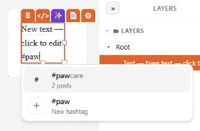 A blog text block in the editor with "#paw" typed: the list shows #pawcare (2 posts) and #paw as a New hashtag