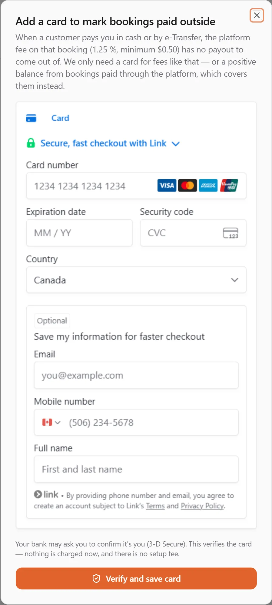 The "Add a card to mark bookings paid outside" dialog: a paragraph explaining that a cash or e-Transfer booking's Commission has no payout to come out of, Stripe's secure card form with Card number, Expiration date, Security code and Country fields, the Verify and save card button, and the note that your bank may ask you to confirm it's you (3-D Secure) and nothing is charged