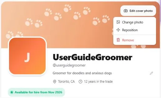 The top of My portfolio with the Edit cover photo menu open over the cover photo, showing Change photo, Reposition and Remove, and the profile photo, name and @handle below it