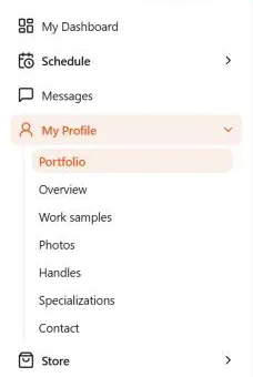 The Dashboard sidebar with My Profile open: Portfolio selected first, then Overview, Work samples, Photos and the other profile pages