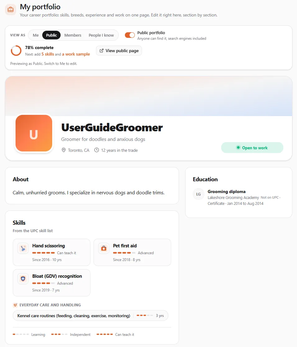 My portfolio viewed as Public: "Previewing as Public. Switch to Me to edit." under the toolbar, the header shows "Open to work" instead of the start date, and the sections have no edit buttons or audience chips