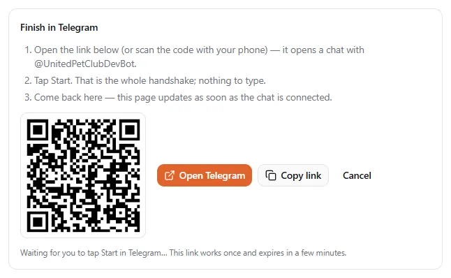 The Finish in Telegram panel: three numbered steps, a QR code, and the Open Telegram, Copy link and Cancel buttons