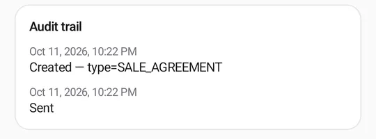 The audit trail: Created — type=SALE_AGREEMENT and Sent, each with its date and time
