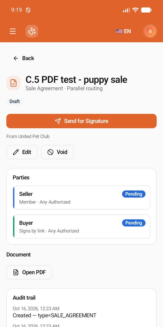 A draft contract: Send for Signature with "From United Pet Club" under it, then Edit and Void, the parties marked Pending, and Open PDF for its document