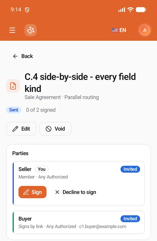 A sent contract's page: Sent, 0 of 2 signed, Edit and Void, and the parties Seller (You, Invited, with Sign and Decline to sign) and Buyer (Signs by link, Invited)