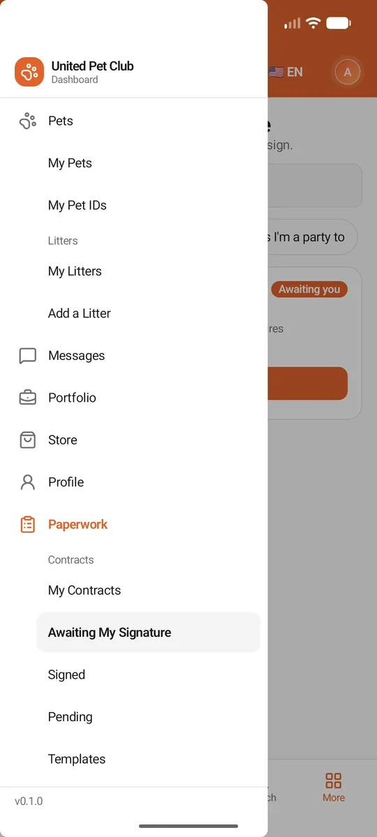 The app's menu with Paperwork open: Contracts, then My Contracts, Awaiting My Signature, Signed, Pending and Templates
