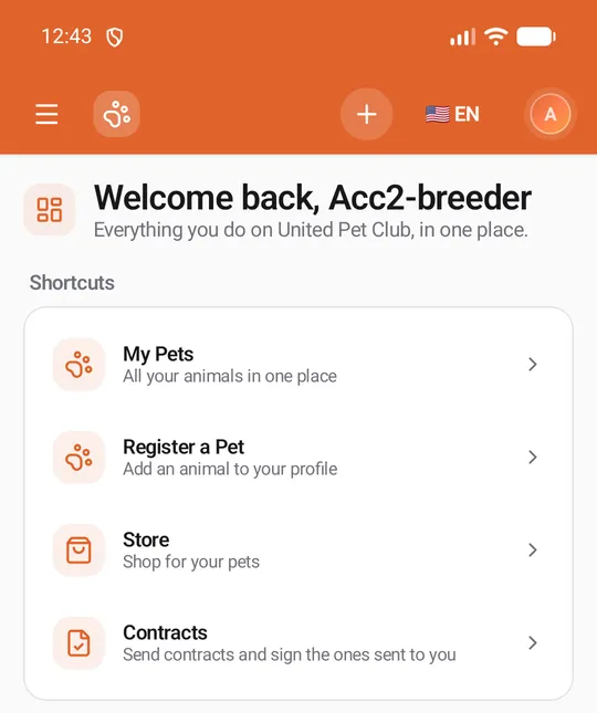 Home in the app: the Shortcuts card with My Pets, Register a Pet, Store and Contracts
