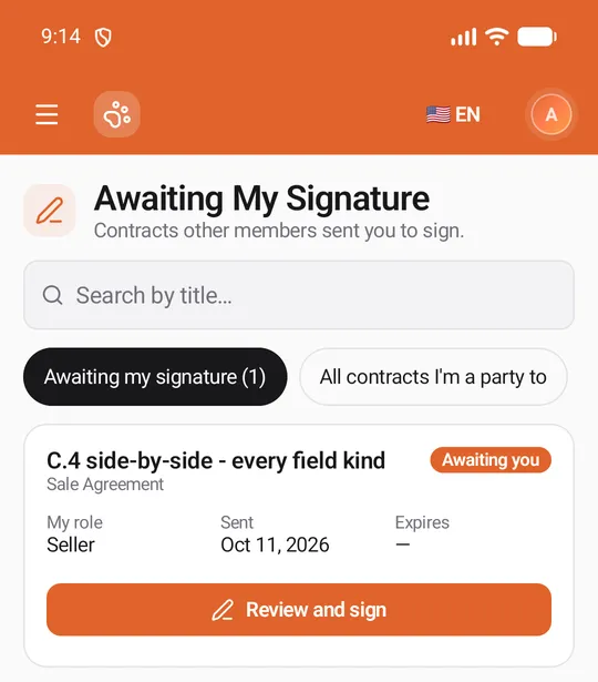 Awaiting My Signature: one contract awaiting you, with My role Seller, the Sent date and the Review and sign button