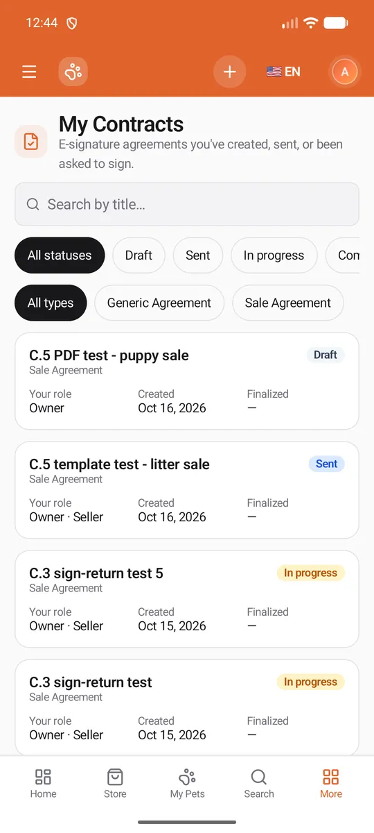 My Contracts in the app: search, the status chips, the type chips and contract cards with their status badges