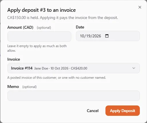 The Apply deposit #3 to an invoice dialog: CA$150.00 is held, the amount left empty to apply as much as both allow, the date, and Invoice #114 for Jane Doe chosen