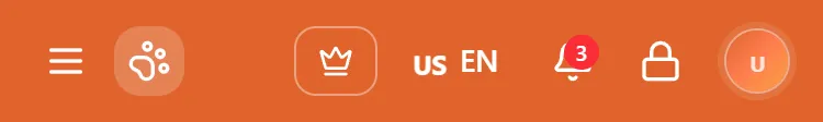 The Dashboard's top bar on a phone: the menu button and logo on the left, then Upgrade, the US EN language button, notifications with a count of 3, the lock, and the round profile picture with no name beside it