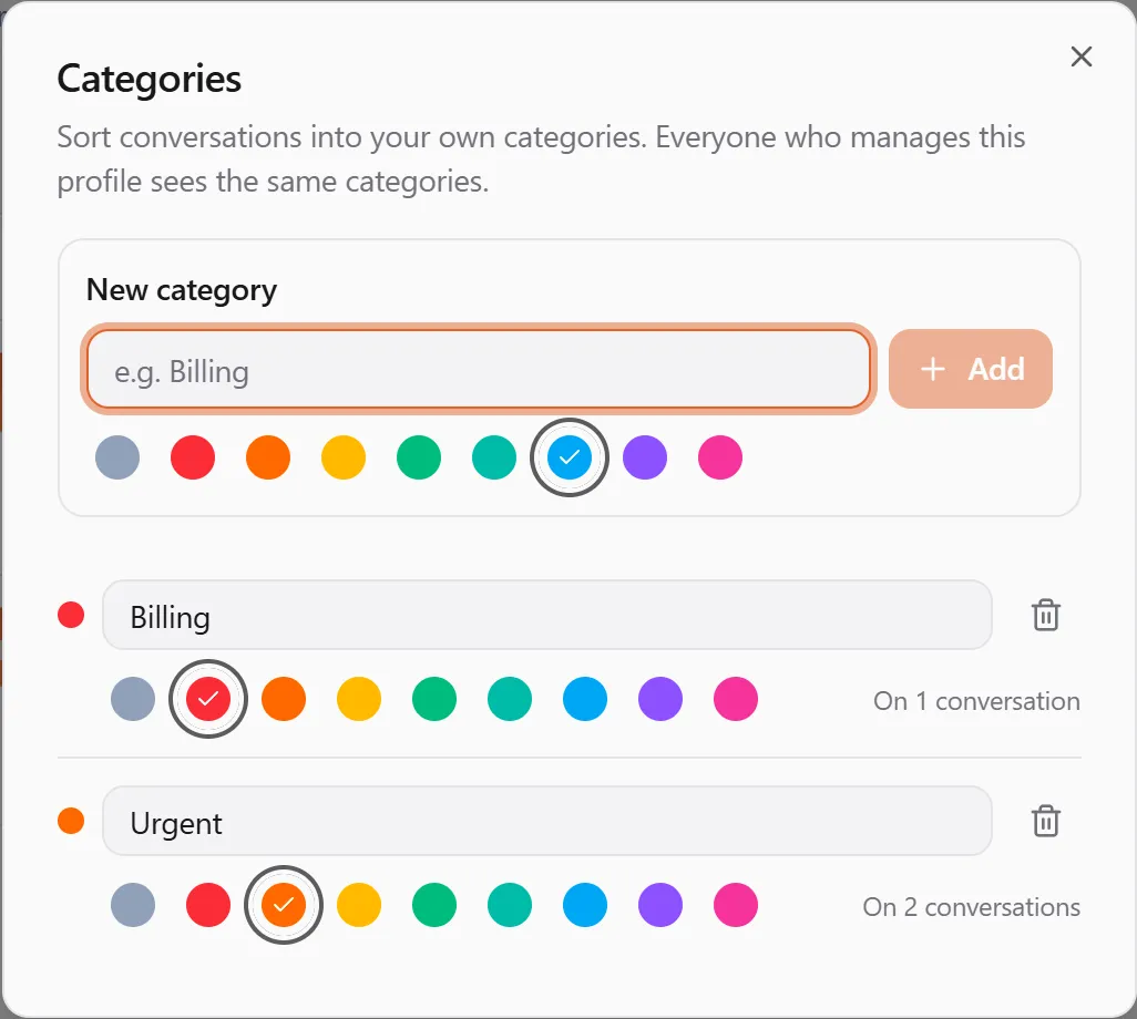 The Categories dialog: a New category box with a name field, colour swatches and Add button, then Billing (red, "On 1 conversation") and Urgent (orange, "On 2 conversations"), each with a name field, colour swatches and a bin to delete it