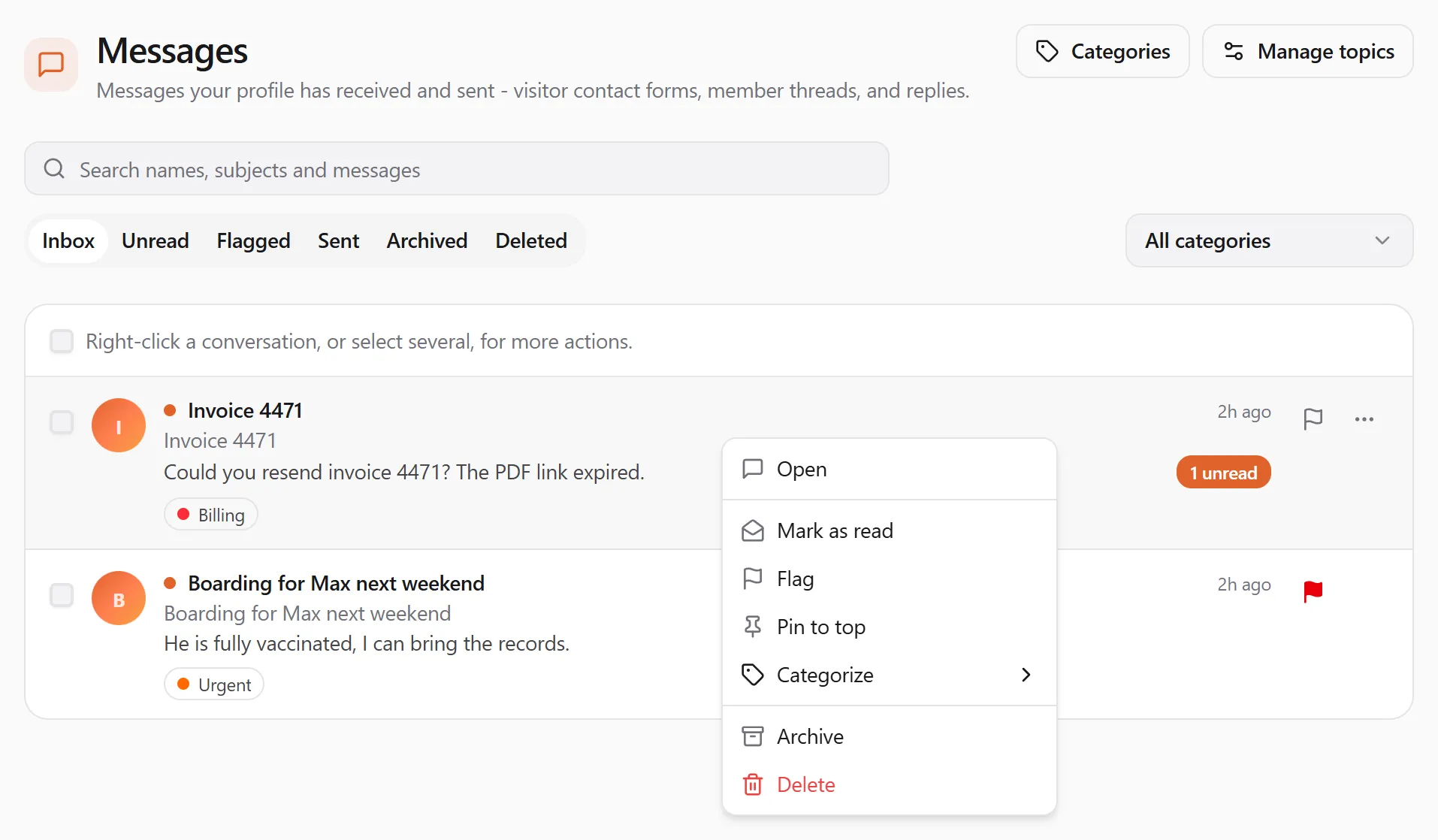 The menu open on the Invoice 4471 row after a right-click, listing Open, Mark as read, Flag, Pin to top, Categorize, Archive and Delete; the row shows the flag and ⋯ buttons that open the same menu