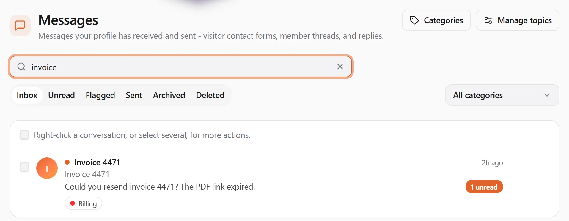 Messages with "invoice" typed in the search box: the Inbox, Unread, Flagged, Sent, Archived and Deleted tabs and the All categories filter below it, and the one matching conversation, Invoice 4471, with its unread count and red Billing category