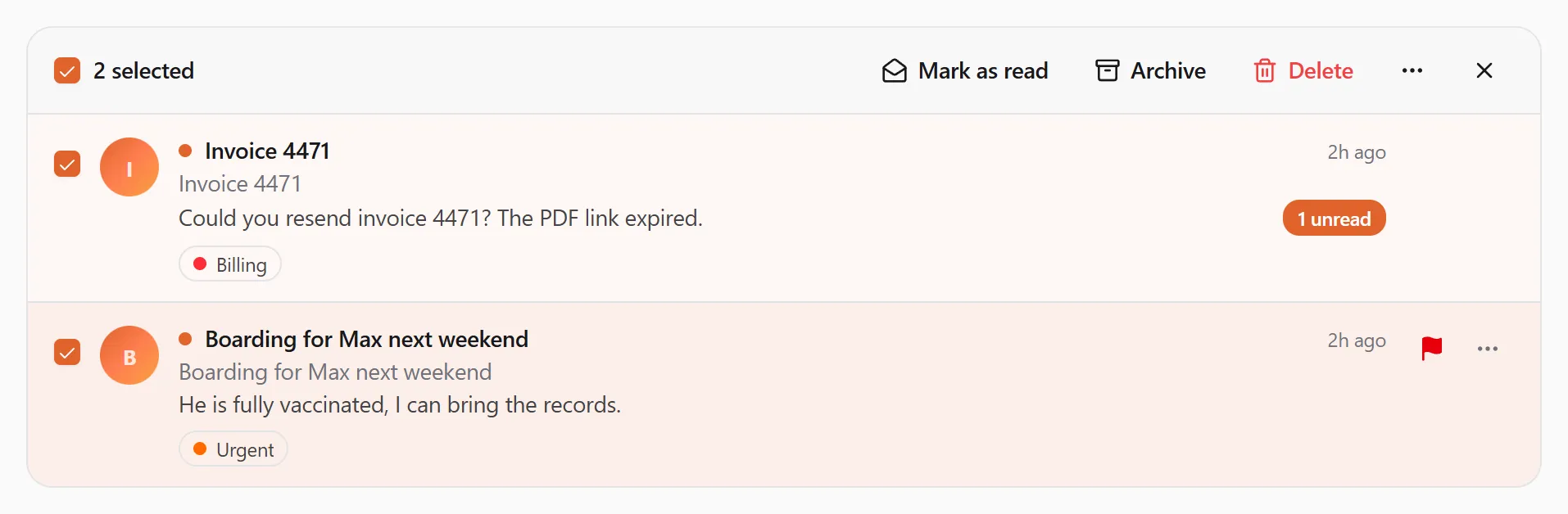 Two conversations ticked: the bar above the list reads "2 selected" with Mark as read, Archive, Delete, the ⋯ menu and a × to clear the selection