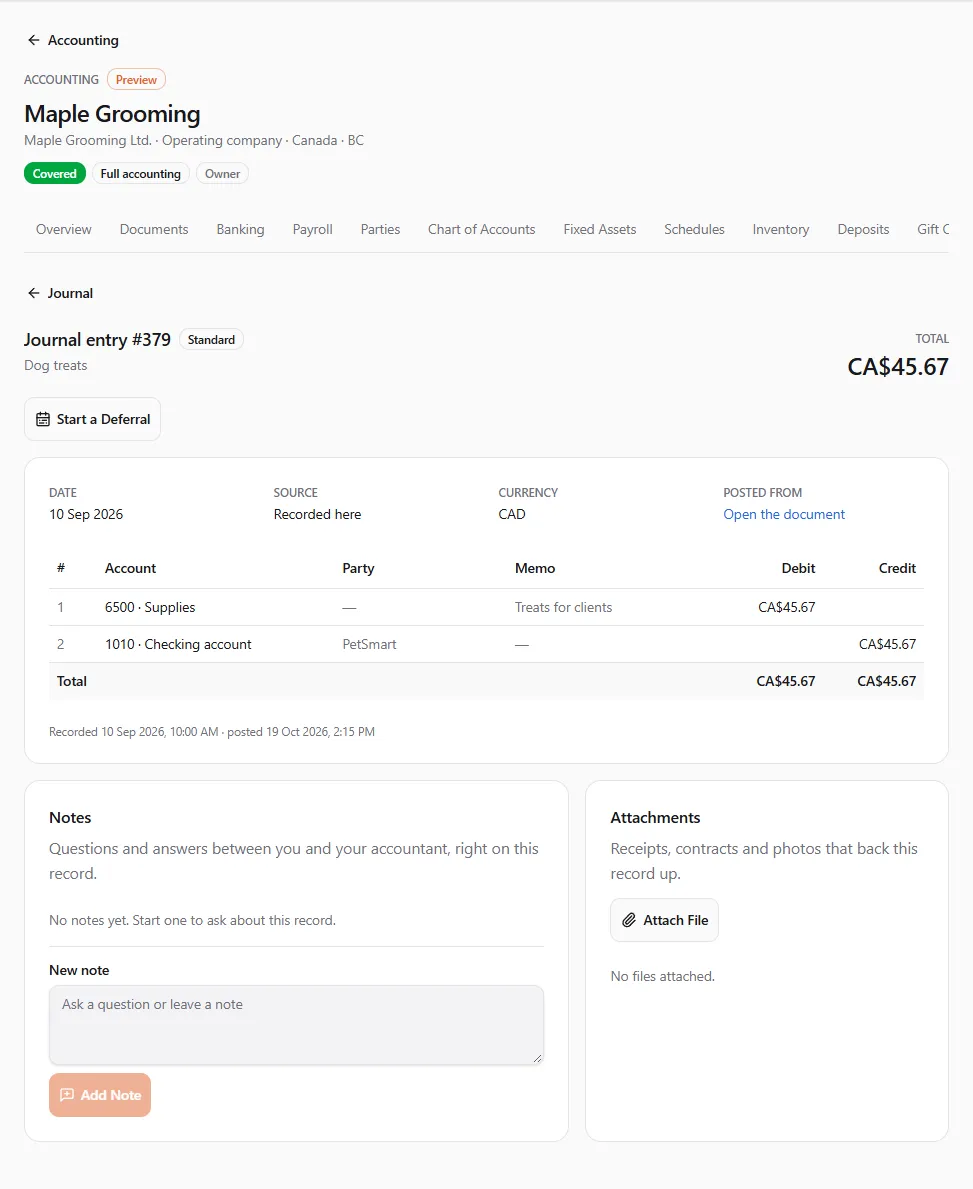 Journal entry #379 of Maple Grooming Ltd.: dated 10 Sep 2026, recorded here, the Supplies debit and the Checking account credit of CA$45.67, Posted from with Open the document, Start a Deferral, and the Notes and Attachments cards