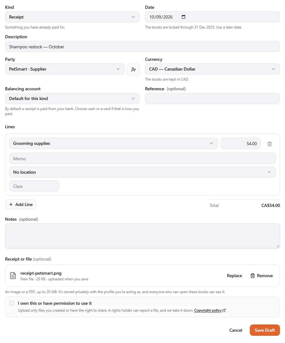 The New document form for a receipt: date 10/09/2026, description Shampoo restock — October, party PetSmart, one Grooming supplies line of 54.00, the total CA$54.00, and a receipt photo chosen under Receipt or file