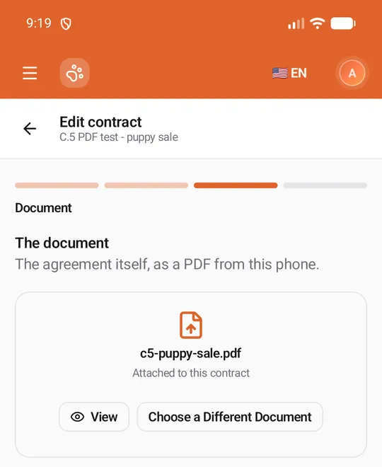 The Document step of an uploaded contract: c5-puppy-sale.pdf, Attached to this contract, with View and Choose a Different Document