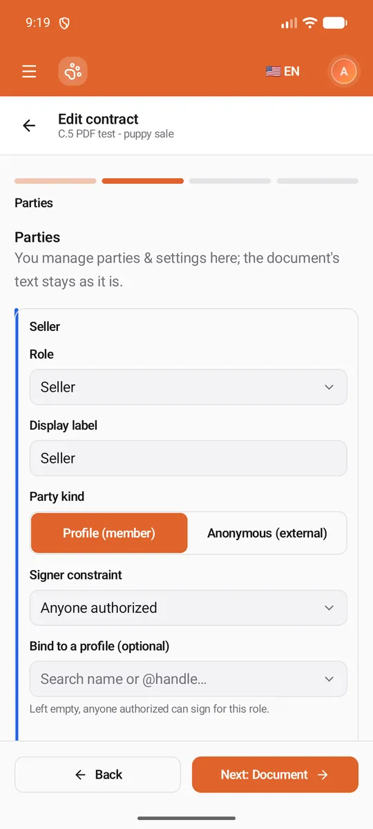 The Parties step: the Seller card with Role, Display label, Party kind (Profile (member) selected), Signer constraint and Bind to a profile
