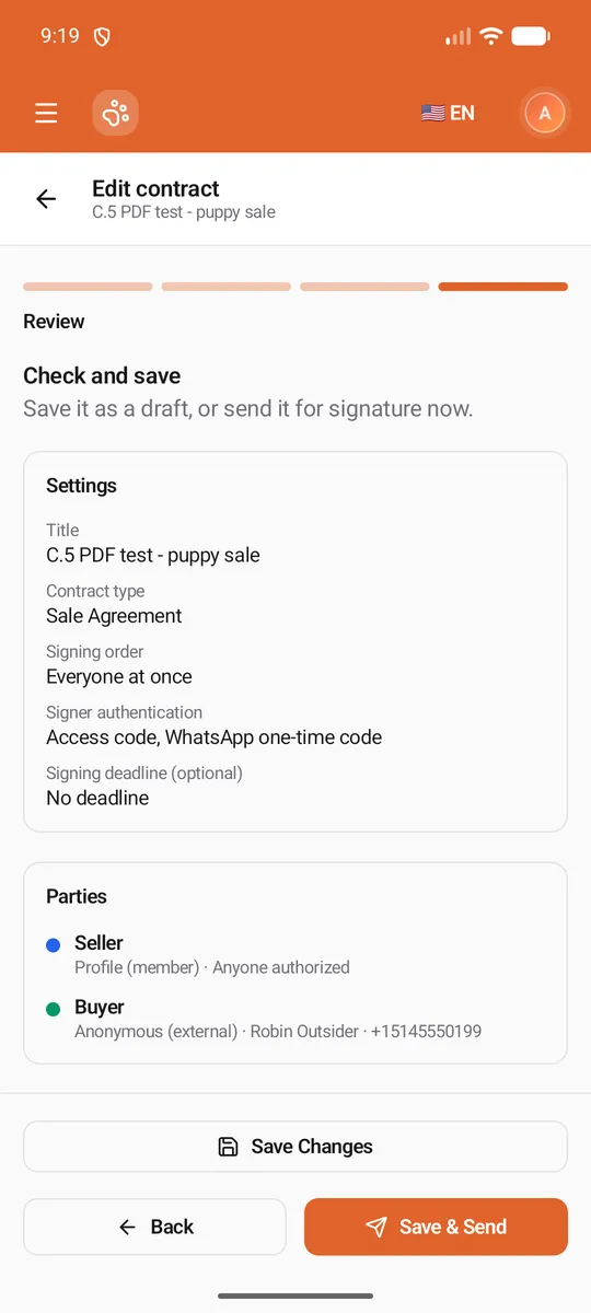 The Review step: Settings (title, type, signing order, signer authentication, deadline) and Parties, with Save Changes, Back and Save & Send