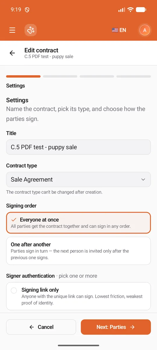 The Settings step: Title, Contract type (locked when editing), Signing order with Everyone at once selected, and Signer authentication