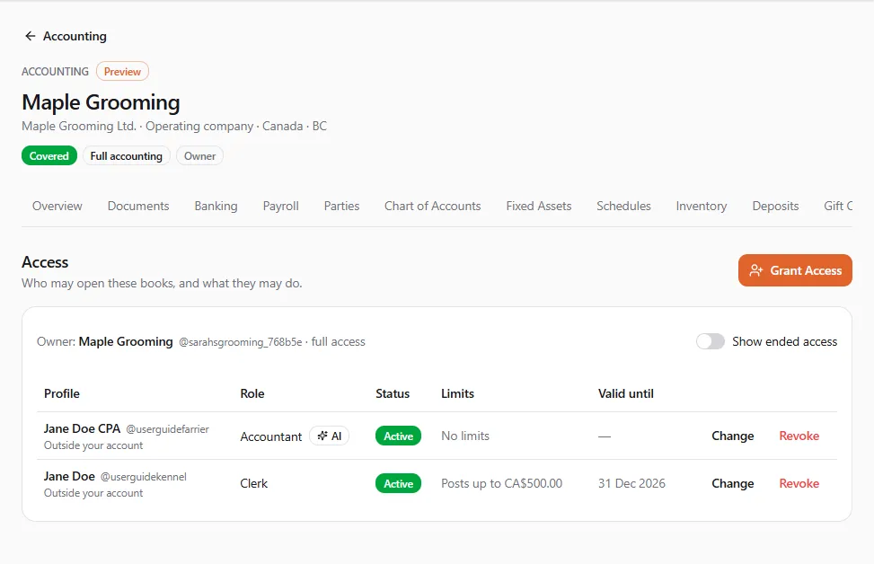 The Access tab of Maple Grooming Ltd.: the owner Maple Grooming with full access, an Accountant grant to Jane Doe CPA (outside your account, RetrieverAI on, active, no limits) and a Clerk grant to Jane Doe that posts up to CA$500.00 until 31 Dec 2026, each with Change and Revoke