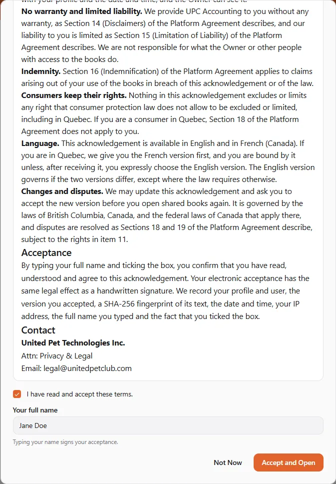 The Before you open Maple Grooming dialog scrolled to its end: the last sections of the UPC Accounting User Acknowledgement, the box I have read and accept these terms ticked, Your full name filled with Jane Doe, and Not Now and Accept and Open