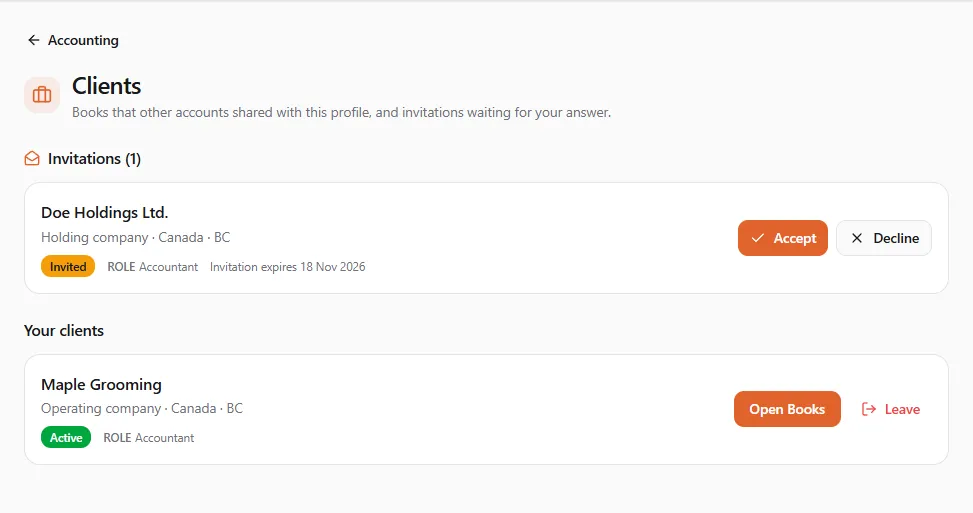 The Clients page of Jane Doe CPA: an invitation from Doe Holdings Ltd. as Accountant with Accept and Decline, and Maple Grooming under Your clients with Open Books and Leave