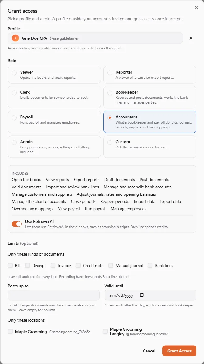 The Grant access dialog with the profile Jane Doe CPA picked and the Accountant role chosen, the permissions it includes, the Use RetrieverAI switch on, and the optional limits: document kinds, posts up to, valid until and locations