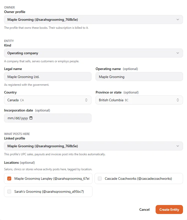 The New entity form: owner profile Maple Grooming, kind Operating company, legal name Maple Grooming Ltd., operating name Maple Grooming, country Canada, province British Columbia, linked profile Maple Grooming and the location Maple Grooming Langley ticked