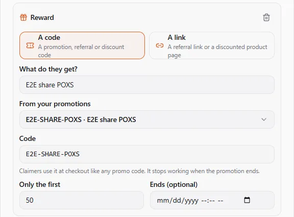 The reward box in Create post with A code selected: From your promotions shows a promotion code and its name, the Code field holds that code and can't be edited, and the hint says claimers use it at checkout like any promo code