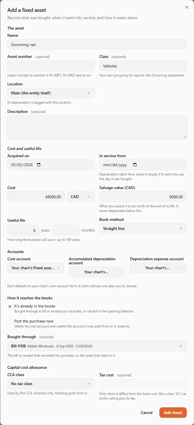 The Add a fixed asset dialog for a grooming van: class Vehicles, acquired on 03/02/2026, cost 48000.00 CAD, salvage value 8000.00, useful life 6 years, straight line, the default accounts, It's already in the books with Bought through Bill #108 from Kibble Wholesale, and the capital cost allowance section