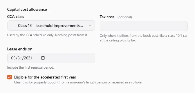 The capital cost allowance part of the asset dialog for a Canadian entity: CCA class 13 (leasehold improvements) picked, the optional tax cost, Lease ends on 05/31/2031 and the Eligible for the accelerated first year box