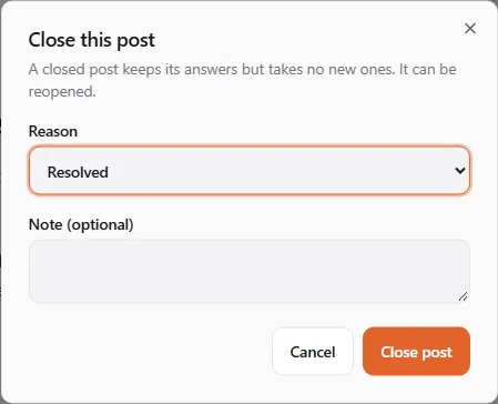 The "Close this post" dialog: "A closed post keeps its answers but takes no new ones. It can be reopened." with the Reason list showing Resolved, a Note (optional) box, and Cancel and Close post