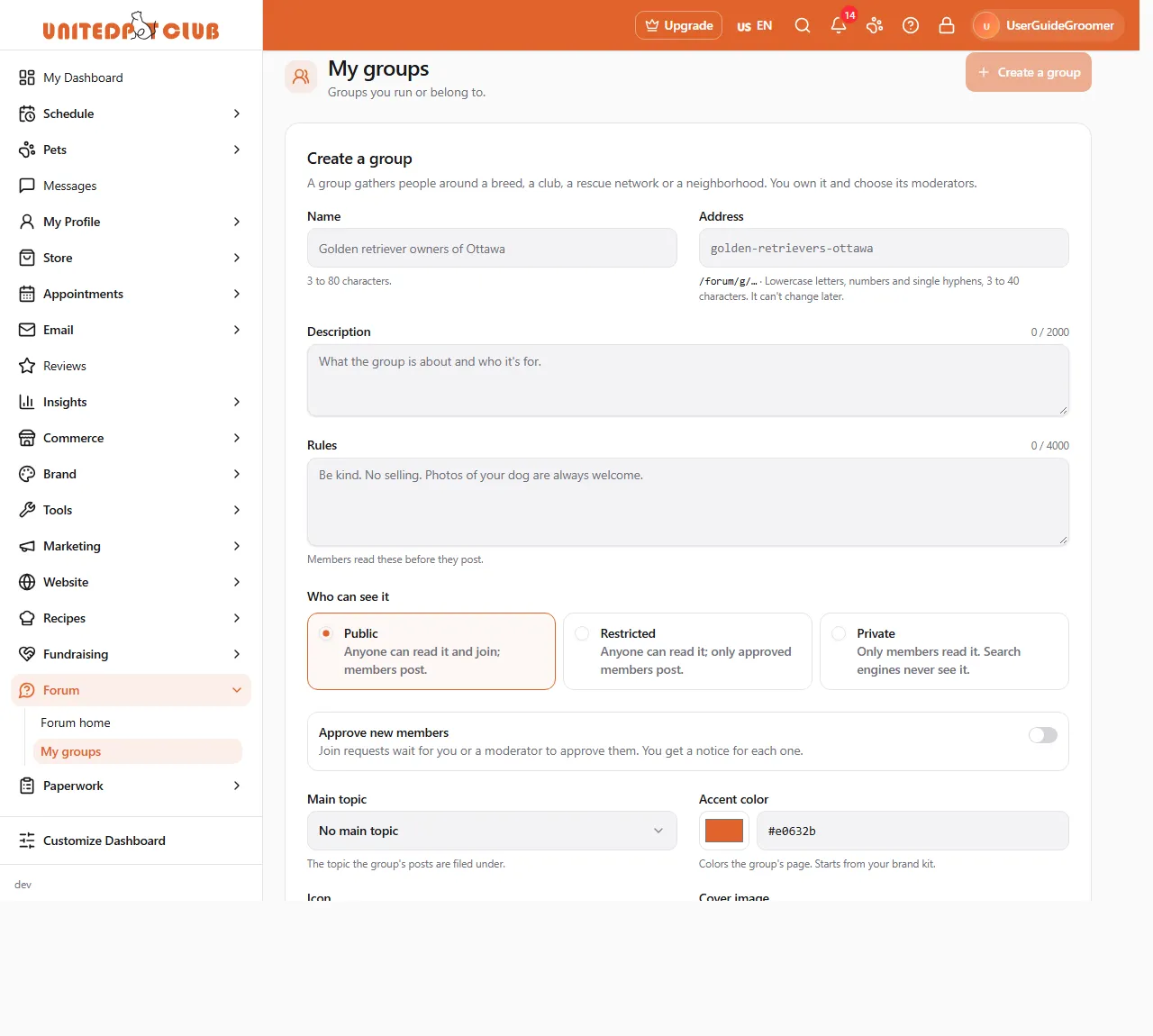 The Create a group form: Name, Address (/forum/g/…), Description, Rules, "Who can see it" with Public, Restricted and Private, the "Approve new members" switch, Main topic and Accent color