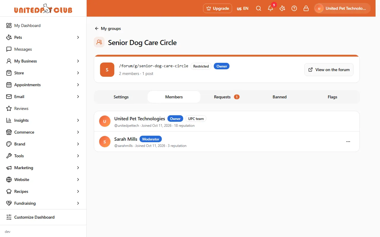 The Members tab: United Pet Technologies as Owner, and Sarah Mills as Moderator with the row's actions menu