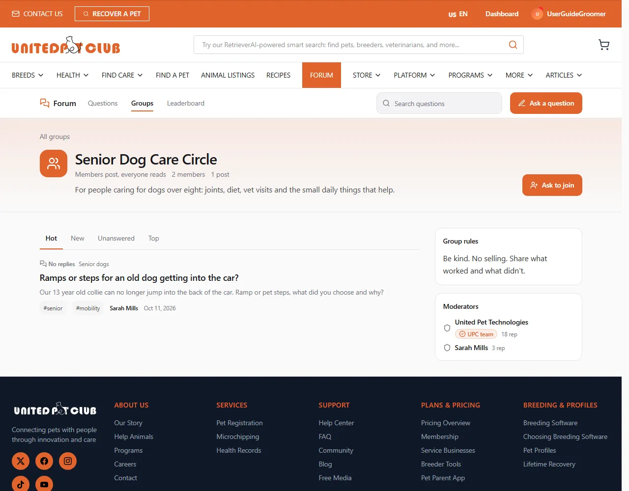 The Senior Dog Care Circle group page: the group's accent colour and icon, "Members post, everyone reads · 2 members · 1 post", its description and the "Ask to join" button; the group feed with Hot, New, Unanswered and Top; and the Group rules and Moderators cards