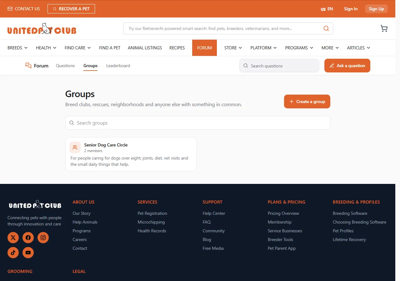 The Groups page: "Breed clubs, rescues, neighborhoods and anyone else with something in common.", the Create a group button, the Search groups box, and the Senior Dog Care Circle card with 2 members and its description