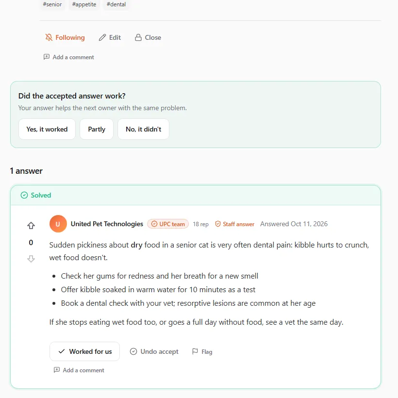 The "Did the accepted answer work?" box above the accepted answer, with "Your answer helps the next owner with the same problem." and the buttons "Yes, it worked", "Partly" and "No, it didn't"