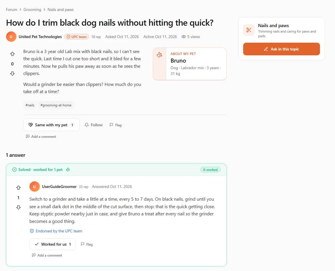 A solved question: breadcrumb Grooming › Nails and paws, the title, the author with a "UPC team" chip, Asked and Active dates, the question with the "About my pet" card for Bruno (Dog · Labrador mix · 3 years · 31 kg), the tags, "Same with my pet 1", Follow and Flag; below, the accepted answer marked "Solved · worked for 1 pet" and "It worked", with its score, "Endorsed by the UPC team" and "Worked for us 1"