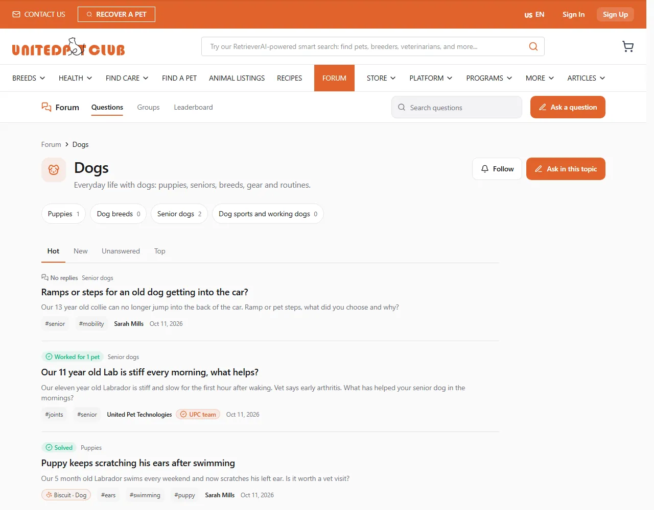 The Dogs topic page: breadcrumb Forum › Dogs, the topic name and description with Follow and "Ask in this topic", the sub-topic chips Puppies, Dog breeds, Senior dogs and Dog sports and working dogs with their post counts, and the Hot feed