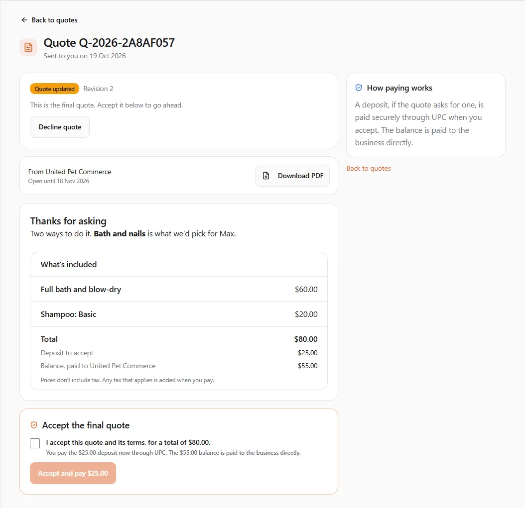 Account → Quotes, the final quote from United Pet Commerce: This is the final quote. Accept it below to go ahead., Full bath and blow-dry $60.00 and Shampoo: Basic $20.00, Total $80.00, Deposit to accept $25.00, Balance $55.00, and Accept the final quote with the I accept this quote and its terms box and Accept and pay $25.00