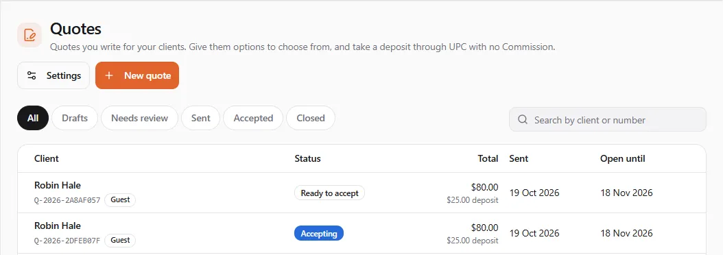 The Quotes list of United Pet Commerce: the All, Drafts, Needs review, Sent, Accepted and Closed tabs, Settings and New quote, and two quotes for Robin Hale (Guest), one Ready to accept and one Accepting, each $80.00 with a $25.00 deposit, sent 19 Oct 2026 and open until 18 Nov 2026
