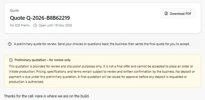 A preliminary quote opened from its private link: A preliminary quote for review. Send your choices or questions back; the business then sends the final quote for you to accept., then the notice Preliminary quotation – for review only with the business's statement that it can't be accepted and no deposit or payment is due, and the cover note below