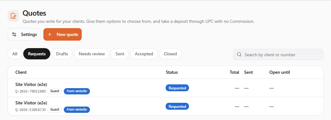 The Quotes list on the Requests tab: two requests from Site Visitor (e2e), each with its quote number, a Guest badge and a From website badge, the status Requested, and no total, sent date or open-until date yet